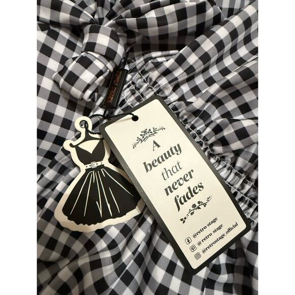 Retro Stage Gingham One Piece Swimsuit Womens Medium Black White Ruched NWT - Picture 3 of 4